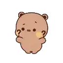 a cartoon teddy bear is holding a question mark in his mouth .