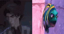 a man and a fish are standing next to each other next to a wall .
