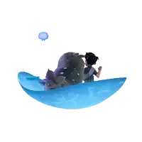 a boy in a boat with a jellyfish flying in the background