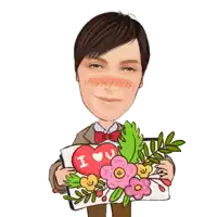 a cartoon drawing of a man holding flowers and a heart that says i love you