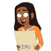a cartoon woman is holding a piece of paper that says indecipherable on it