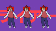 three cartoon characters are dancing in front of a purple background with chinese writing
