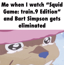 a cartoon of bart simpson crying with the caption " me when i watch " squid game "