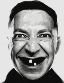 a black and white photo of a man 's face with a toothless smile