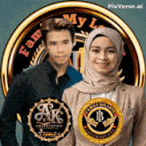 a man and a woman are standing in front of a circle that says family big love