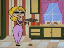 a cartoon character is holding a plate of cookies in a kitchen
