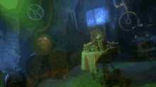 a green room with a table and a steering wheel