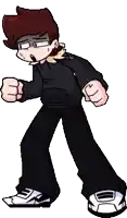 a cartoon character is standing with his fist in the air and wearing a black hoodie and black pants .