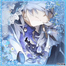 a picture of a man with white hair is surrounded by blue flowers and picmix