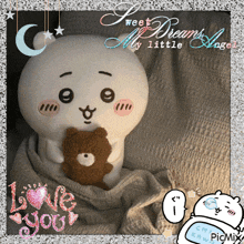 a picture of a stuffed animal holding a teddy bear with the words " sweet dreams my little angel " above it