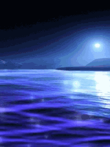 a painting of a body of water with a full moon in the background