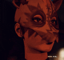 a woman wearing a mask with the words nora n-no on the bottom