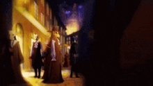 a group of people are walking down a street and one of them has a mask on