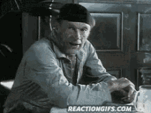 a man with a beard is sitting at a table with a reaction gifs.com watermark on the bottom