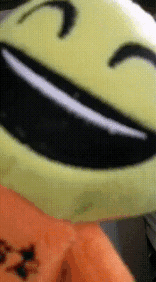 a close up of a yellow smiley face with a black eyebrow