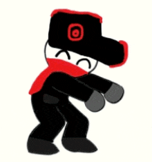 a cartoon character wearing a red scarf and a black hat is dancing .