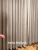 a person standing in front of a curtain that says hello mallesh on it