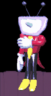 a pixel art drawing of a cartoon character with a tv head