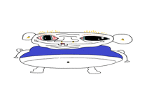 a drawing of a cartoon character with red eyes and a blue shirt