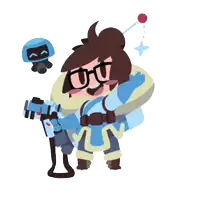 a cartoon drawing of mei mei holding a gun with a robot behind her