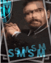 a man in a suit and tie is surrounded by letters that say smsm