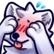 a cartoon of a white dog covering its eyes with its paws and tongue sticking out .