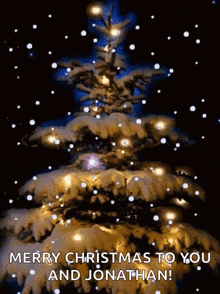 a merry christmas to you and jonathan card with a snowy christmas tree