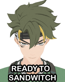a man with green hair and a bandana on his head is ready to sandwich