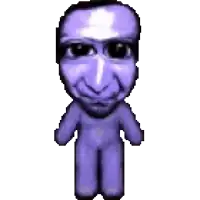 a pixel art of a purple doll with a purple face and black eyes .