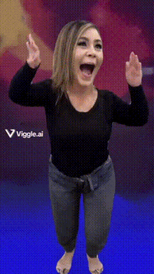 a woman is standing in front of a poster that says " the rock "