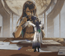 a painting of a woman with long hair standing in front of a desk