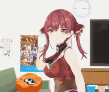 a girl with red hair is standing in front of a poster that says ' i love you ' on it