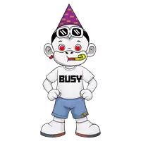 a cartoon monkey wearing a party hat and sunglasses has the word busy on his shirt