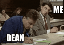a man in a suit and tie is writing on a piece of paper while another man looks on .