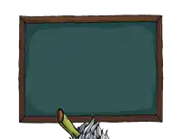 a cartoon drawing of a banana with gray hair and a beard standing in front of a chalkboard