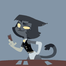 a drawing of a cat with yellow eyes holding a red card