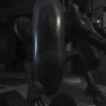 a close up of a statue of a monster in a dark room .