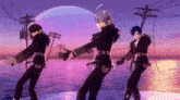 three anime characters dancing in front of a purple sky