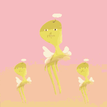 three yellow cartoon angels with white wings and a halo on their head