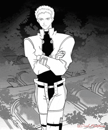 a black and white drawing of a man with his arms crossed by owlfeathers