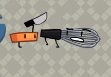 a cartoon drawing of a knife a whisk and a container