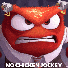 a cartoon character with two chickens on his head and the words no chicken jockey