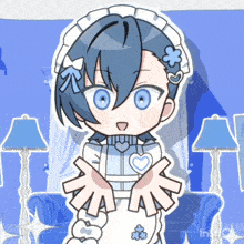 a cartoon of a girl with blue hair and a heart on her head