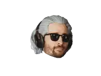 two heads of a man wearing sunglasses and headphones on a white background