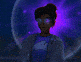 a girl wearing a t-shirt that says ' lights on monstra ' on it
