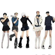 a group of anime characters are standing next to each other wearing skirts and stockings .