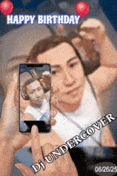 someone is taking a picture of a man wearing headphones with the words happy birthday dj undercover