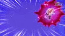 a dragon ball z character is flying through the air in a purple and red explosion .