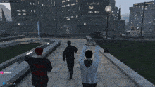 a screenshot of a video game shows three men walking down a sidewalk with their hands in the air