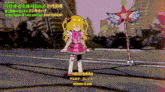 a girl in a pink dress is standing next to a wand that says in the name of love and hain don quixote
